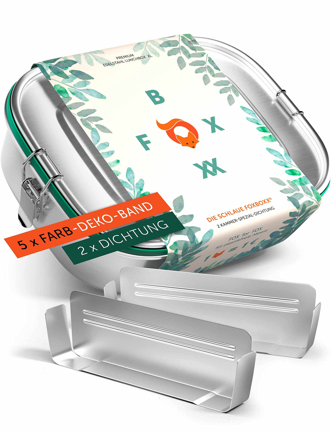 FOXBOXX® Edelstahl Brotdose Premium | Large 1200ml | 5 DEKO-Farbringe + DualCham Ersatzdichtung = Au