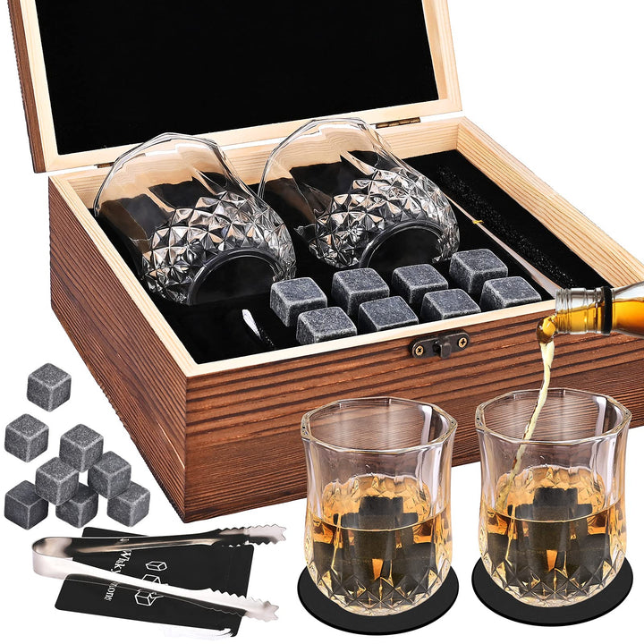 Goldge Whisky-Geschenk-Set, 8 Kühlsteine aus schwarzem Granit, FDA-Vite Kühlung, 2 Whiskygläser &amp; Ba
