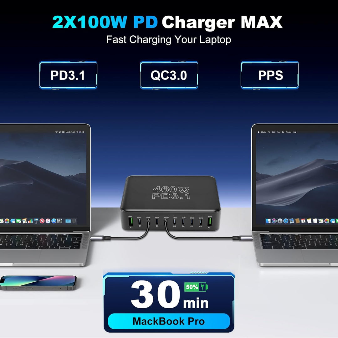 460W USB C Ladegerät Mehrfach, 10-Port Laptop Schnellladegerät Ladestation PD 3.1 100W/45W/35W/20W (