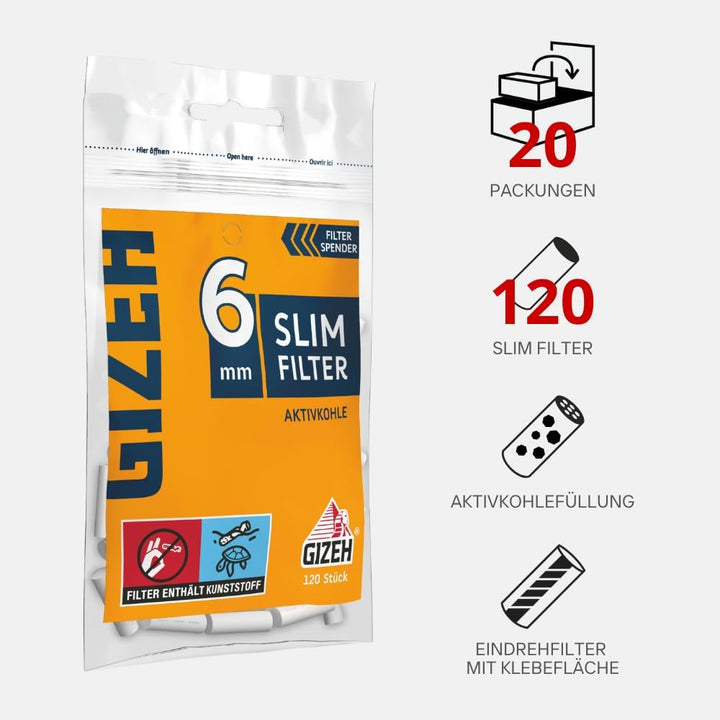 GIZEH Slim Filter Aktivkohle 6 mm Durchmesser – 20er Pack á 120 Filter in 15 mm Länge - Aktivkohle F