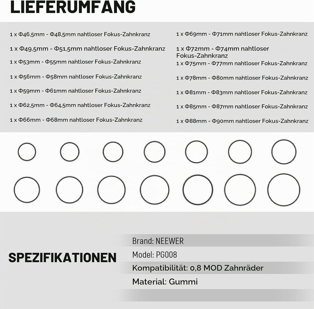NEEWER 14STK Seamless Follow Focus Gear Ring Set 0.8 MOD für ø46.5-90mm Objektiv, Kompatibel mit Sma