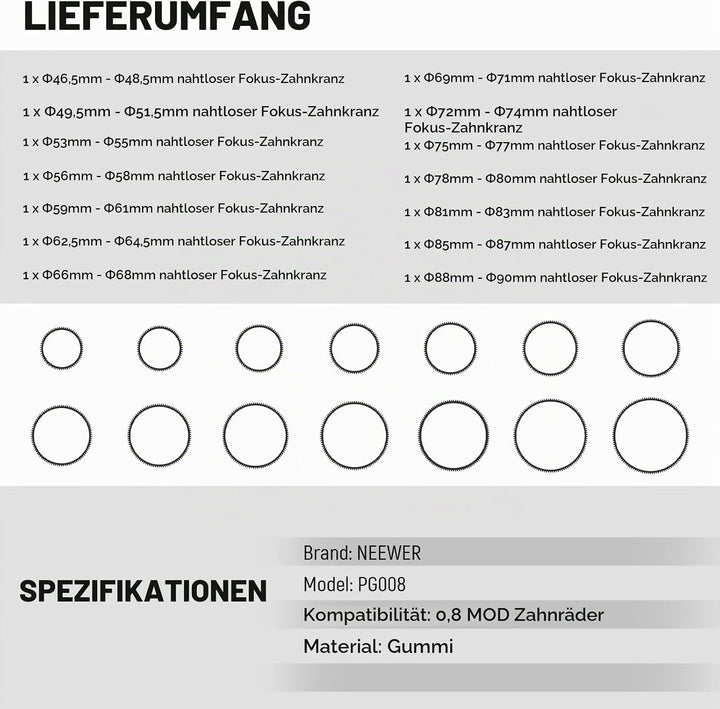 NEEWER 14STK Seamless Follow Focus Gear Ring Set 0.8 MOD für ø46.5-90mm Objektiv, Kompatibel mit Sma