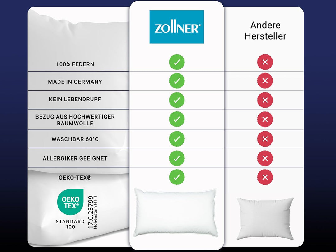ZOLLNER Federkissen, Kopfkissen, in Hotelqualität, 40x80 cm, Baumwolle, weiss 40 x 80 cm, 40 x 80 cm
