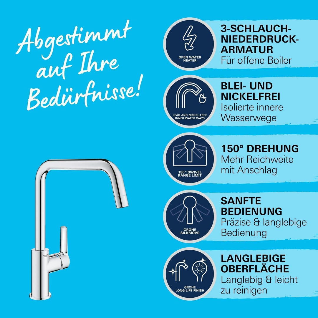 GROHE Start, Niederdruck Küchenarmatur mit hohem Auslauf (Wasserhahn Küche für offene Warmwasserbere