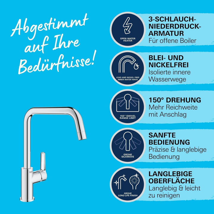 GROHE Start, Niederdruck Küchenarmatur mit hohem Auslauf (Wasserhahn Küche für offene Warmwasserbere