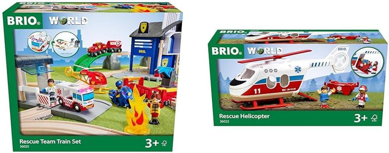 BRIO World 36025 Polizei und Feuerwehr Set Deluxe & 36022 - Rettungshubschrauber - Empfohlen für Kin