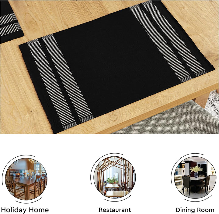 Encasa Homes Esszimmer-Set (4 Tischsets + 1 Tischläufer) | Ladder Black | Fein gerippte Baumwolle |