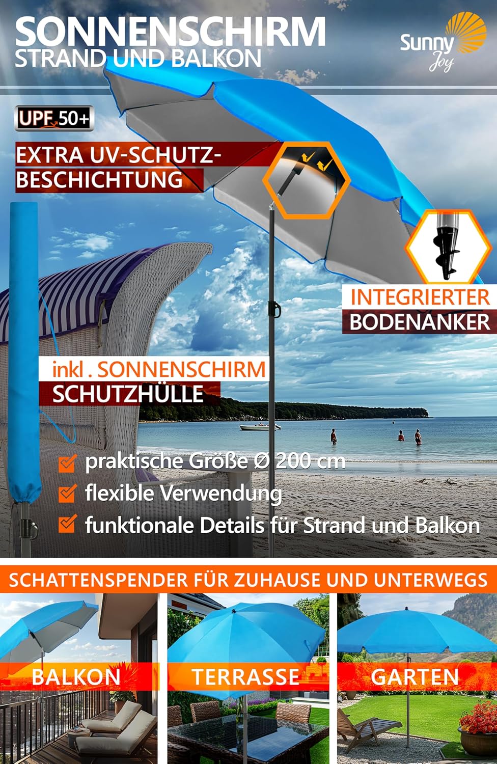 4smile Sonnenschirm Strand SET, Ø 200 cm, Blau | UPF 50+ Sonnenschirm Balkon, inkl. Hülle, Gartensch