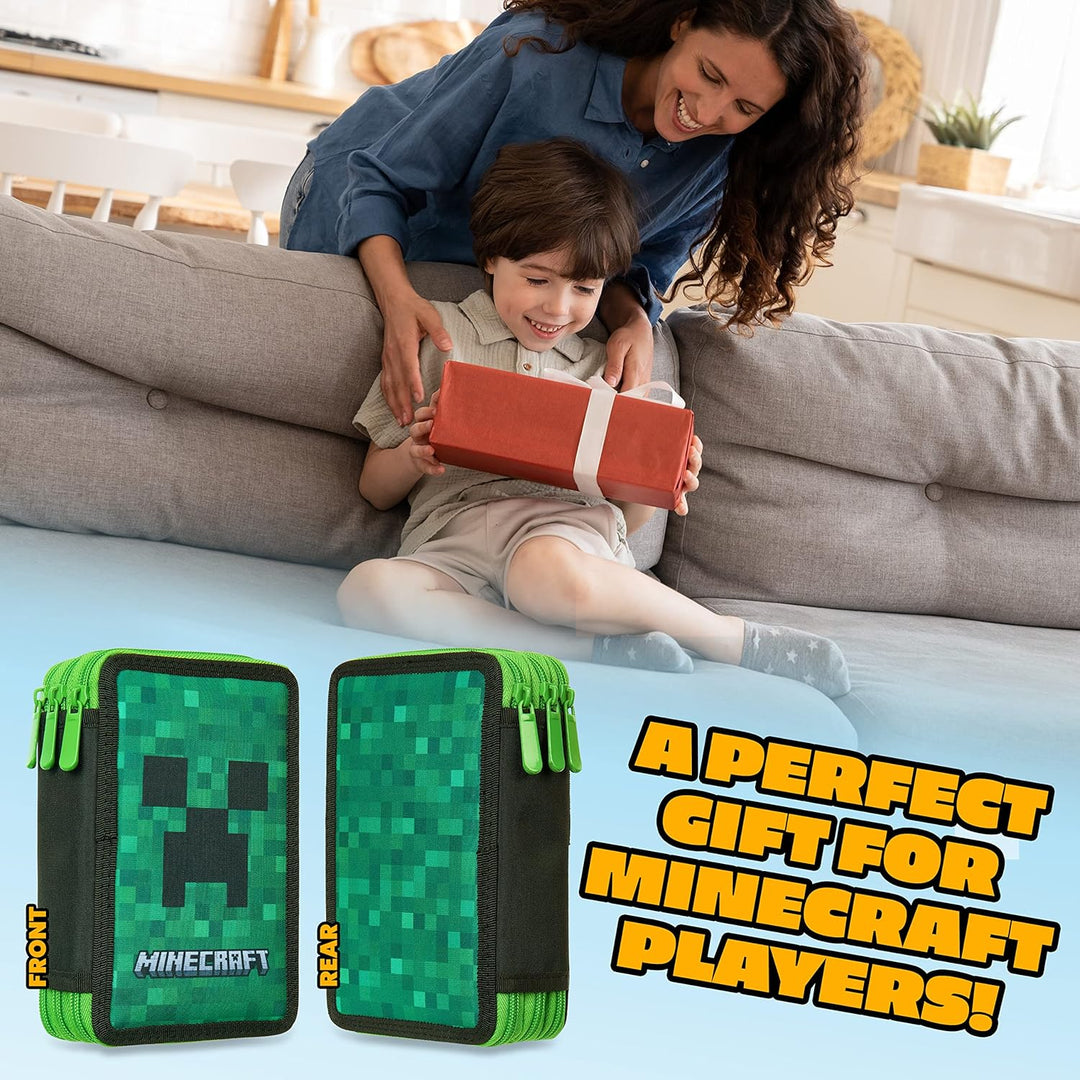 Minecraft Federmäppchen Jungen und Mädchen Mäppchen Gefüllt Creeper Federmappe mit Schreibwaren Game