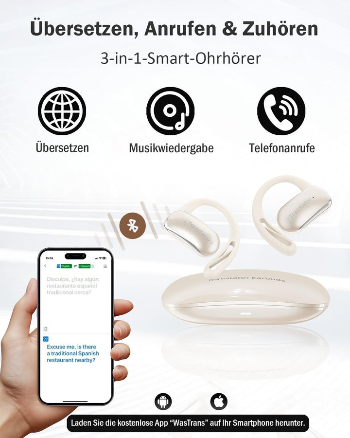 KI Übersetzer Kopfhörer Ohne Internet, 3-in-1 Echtzeit Sprachübersetzer Kopfhörer mit 144 Online & 1