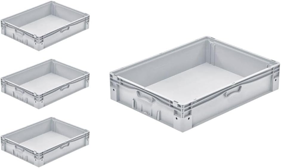 SparSet 4x Euro-Norm Grossbehälter | HxBxT 17x60x80cm | 72 Liter | Glatter Boden | Grau | Eurobehält