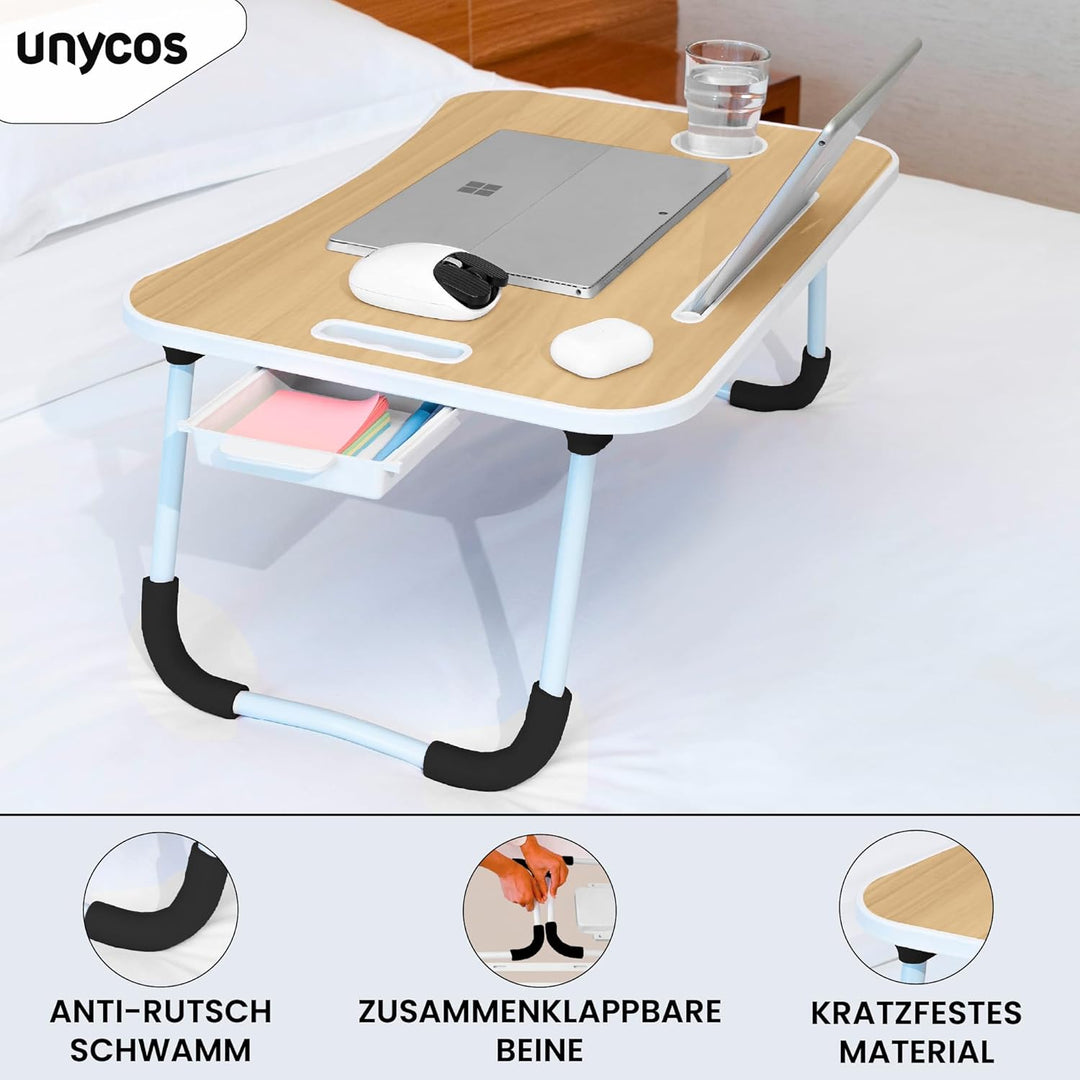 unycos - Betttablett Klappbar, Frühstückstablett mit Griff und Getränkehalter, Serviertisch, Ideal f