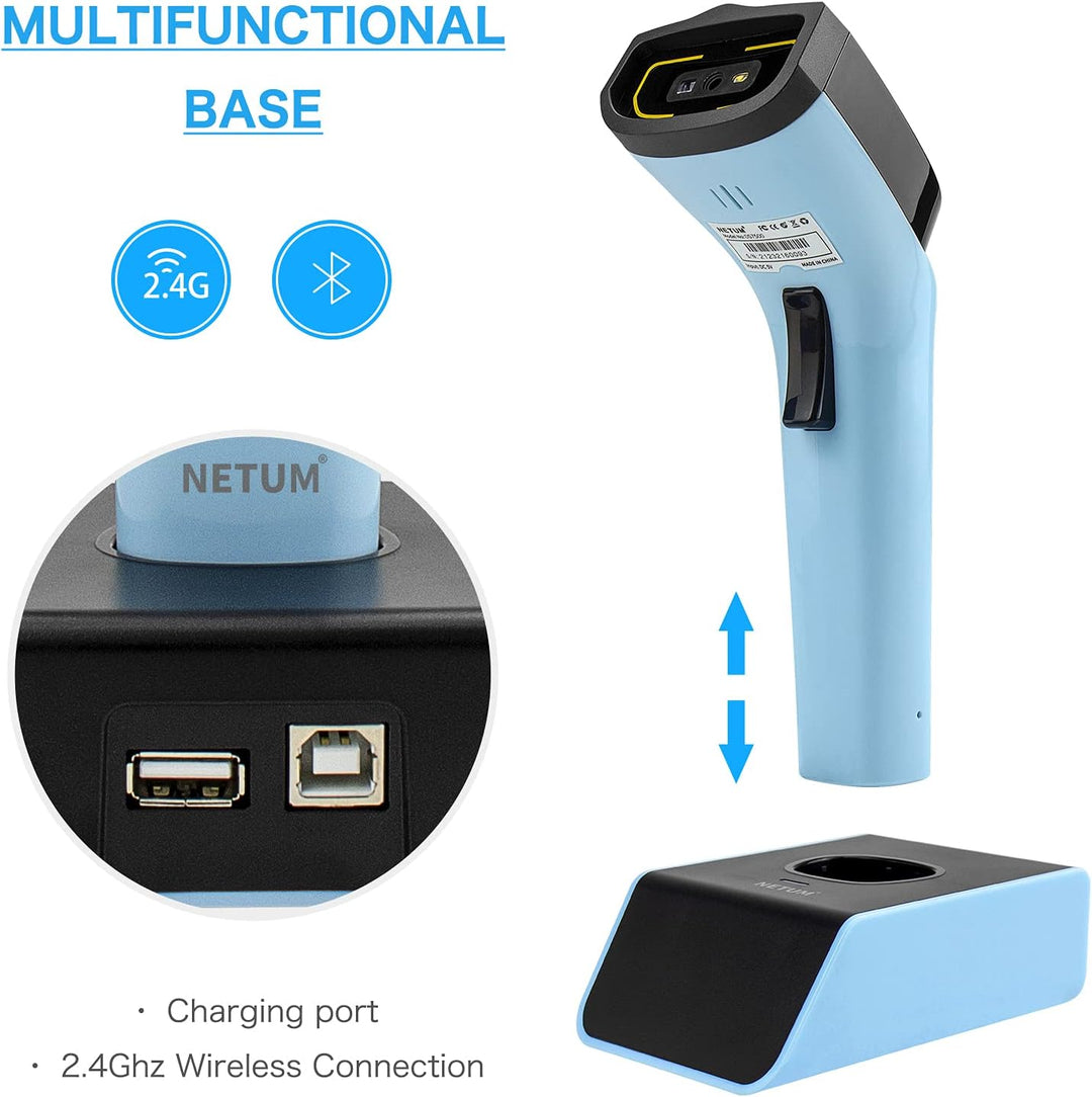 NETUM Bluetooth Wireless 2D Barcode Scanner Automatischer, freihändiger Barcodeleser mit Ladestation