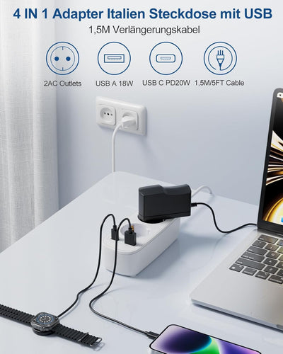 Adapter Italien Steckdose mit PD20W USB Schnellladegerät, Italien Stecker Adapter, 2-Fach Steckdosen