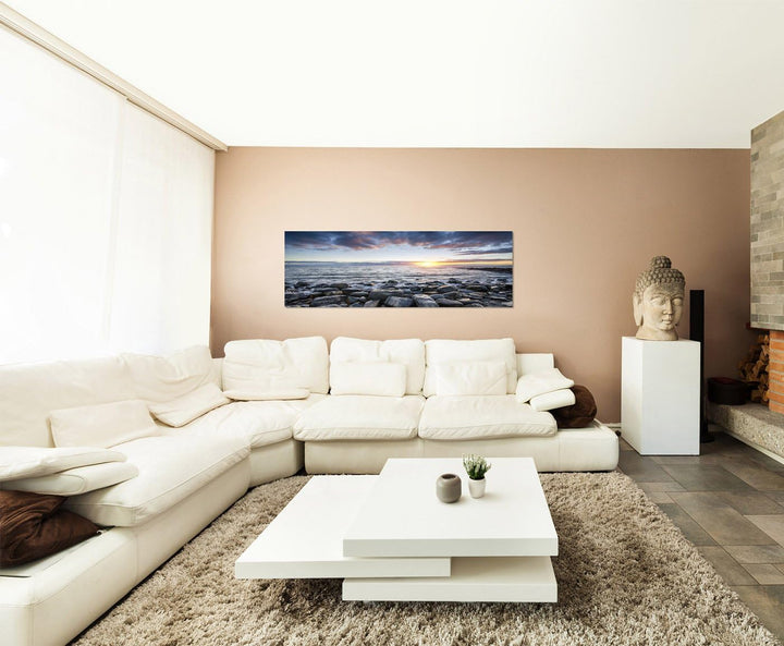 Paul Sinus Art Panoramabild auf Leinwand und Keilrahmen 150x50cm England Steine Meer Sonnenuntergang