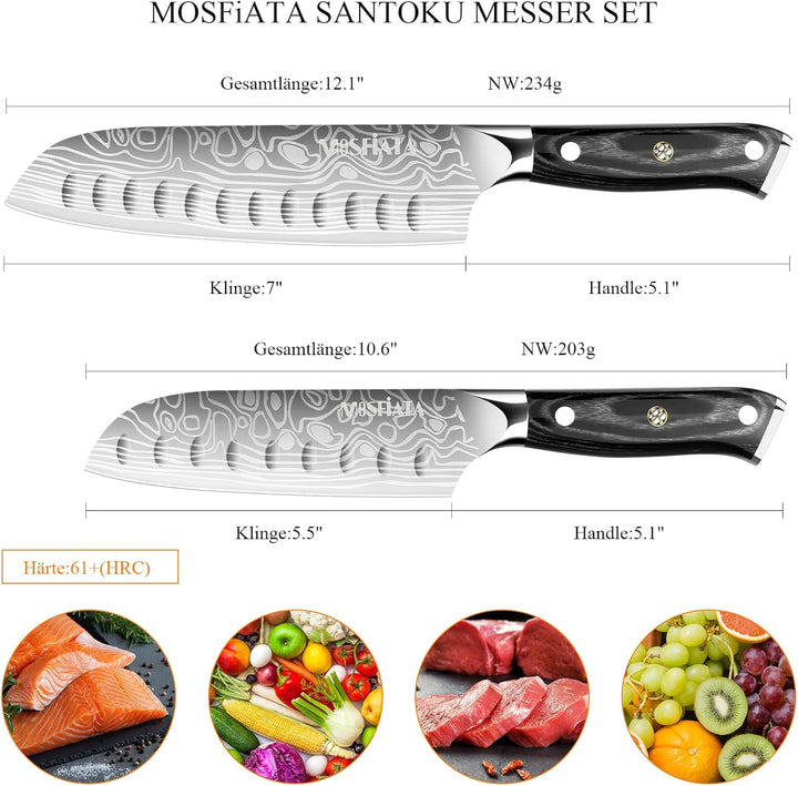 MOSFiATA 2PCS Küchenmesser, 7 Zoll Santoku Messer und 5.5 zoll Santoku Messer, Kochmesser Profi Japa