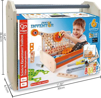 Hape Junior Inventor Tüftler Werkzeugkasten Experimentierset, Mint-Spielzeug, ab 4 Jahre 30 x 8,7 x