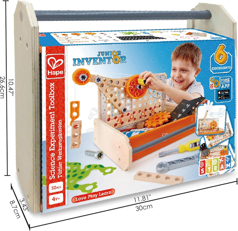 Hape Junior Inventor Tüftler Werkzeugkasten Experimentierset, Mint-Spielzeug, ab 4 Jahre 30 x 8,7 x