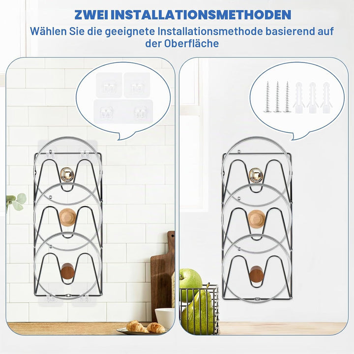 2 Pack Topfdeckel Organizer Rack, 6-Tier Topfdeckel Halter, keine Bohrung erforderlich, Sticks zu gl