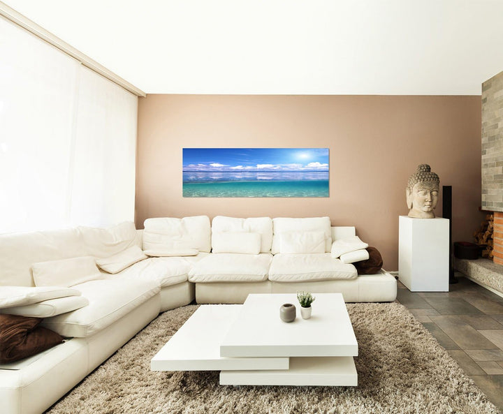 Paul Sinus Art Panoramabild auf Leinwand und Keilrahmen 150x50cm Karibik Meer Wolkenhimmel Sonne Ref
