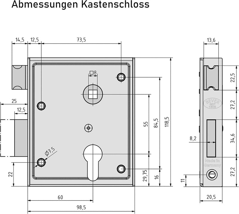 Bever & Klophaus Universal-Kastenschloss mit Griffset und Rückplatte, Silber