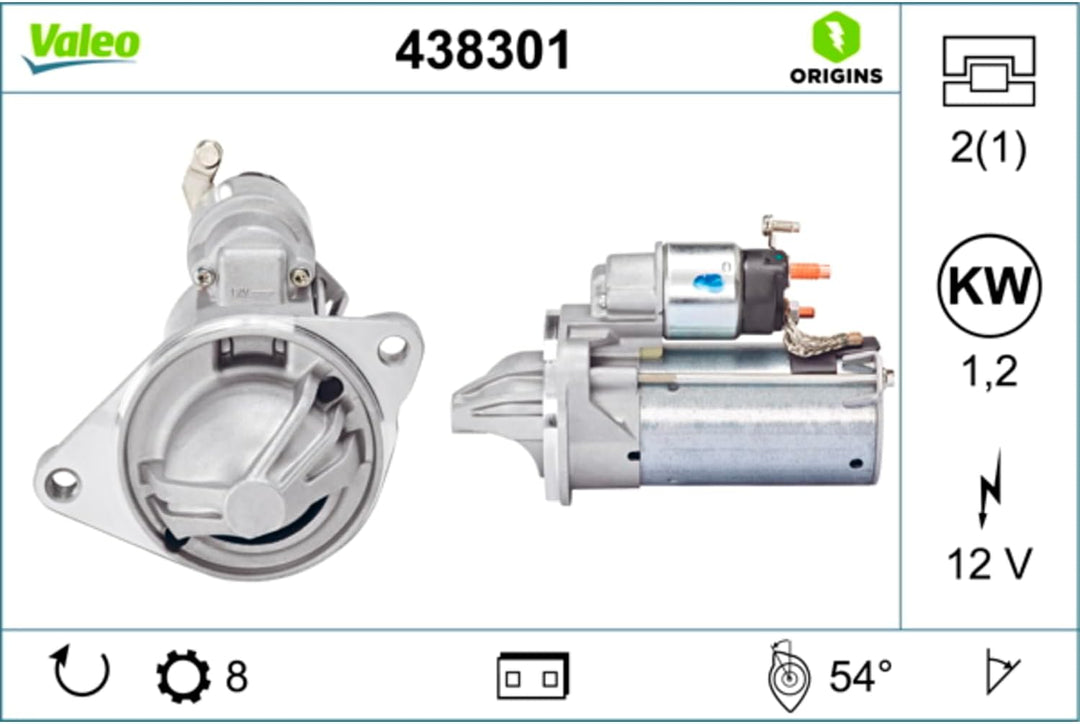 VALEO 438301 Starter Nennleistung: 1,2 kW Stop & Start: NO Zähnezahl: 8 zähne Spannung: 12 V Drehric