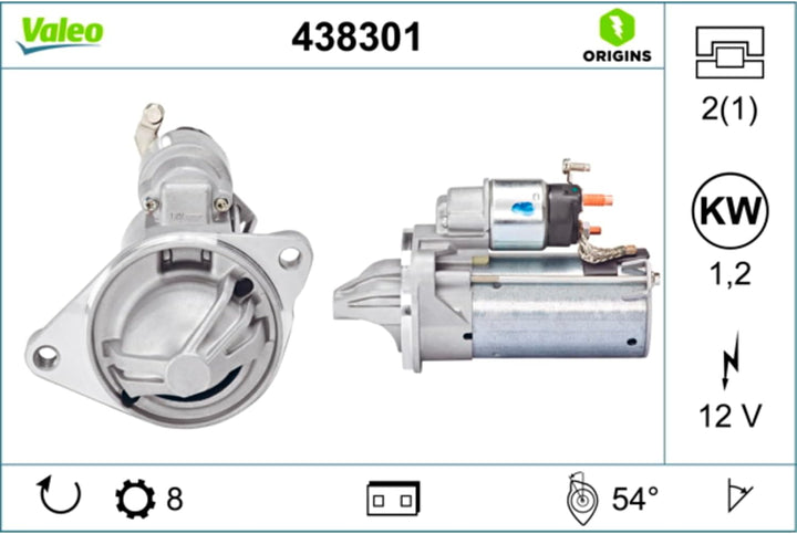VALEO 438301 Starter Nennleistung: 1,2 kW Stop & Start: NO Zähnezahl: 8 zähne Spannung: 12 V Drehric
