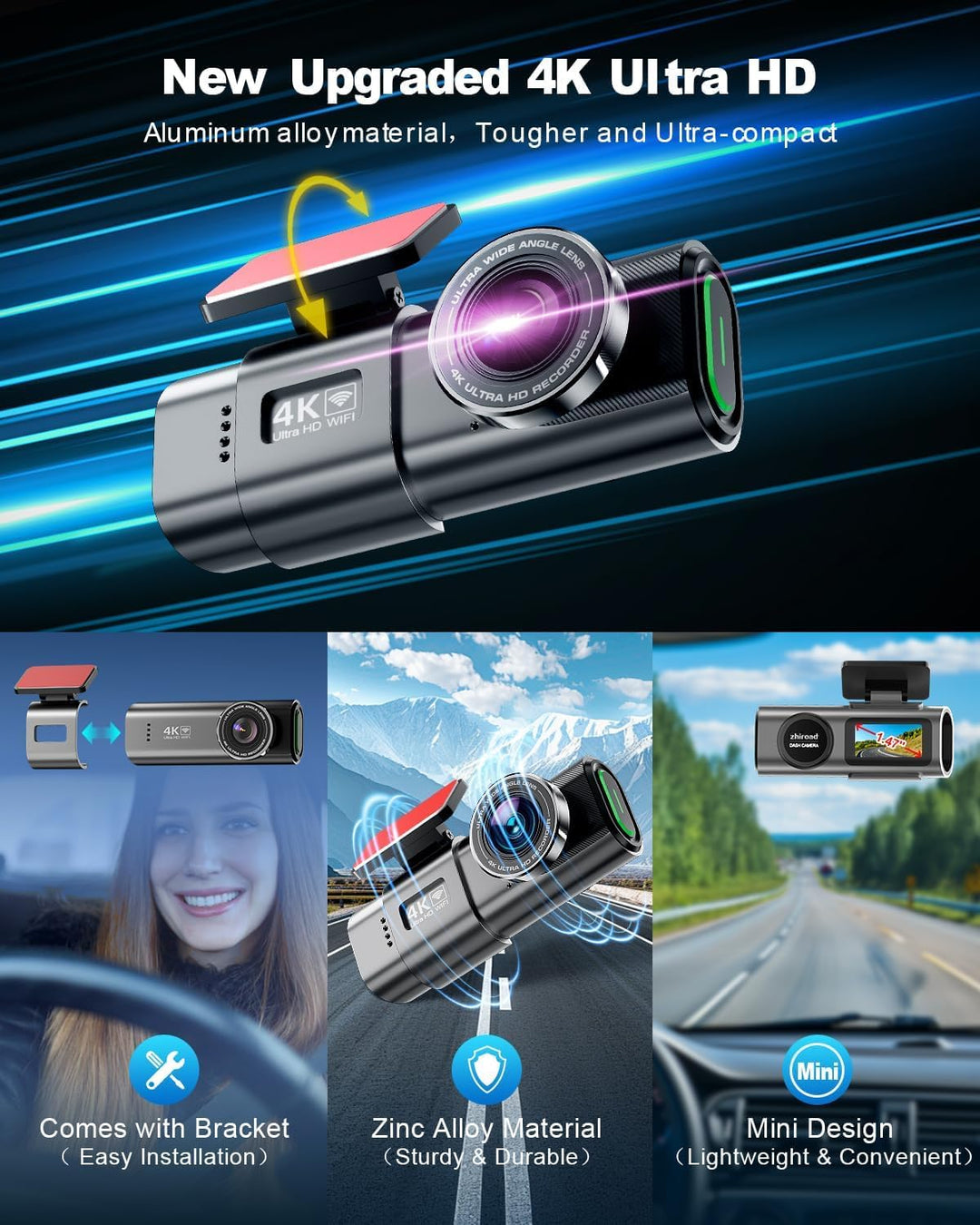 4K WiFi Dashcam Auto Vorne,App-Steuerung Auto Dashcam mit 64G SD-Karte und Abnehmbare Halterung,1.47