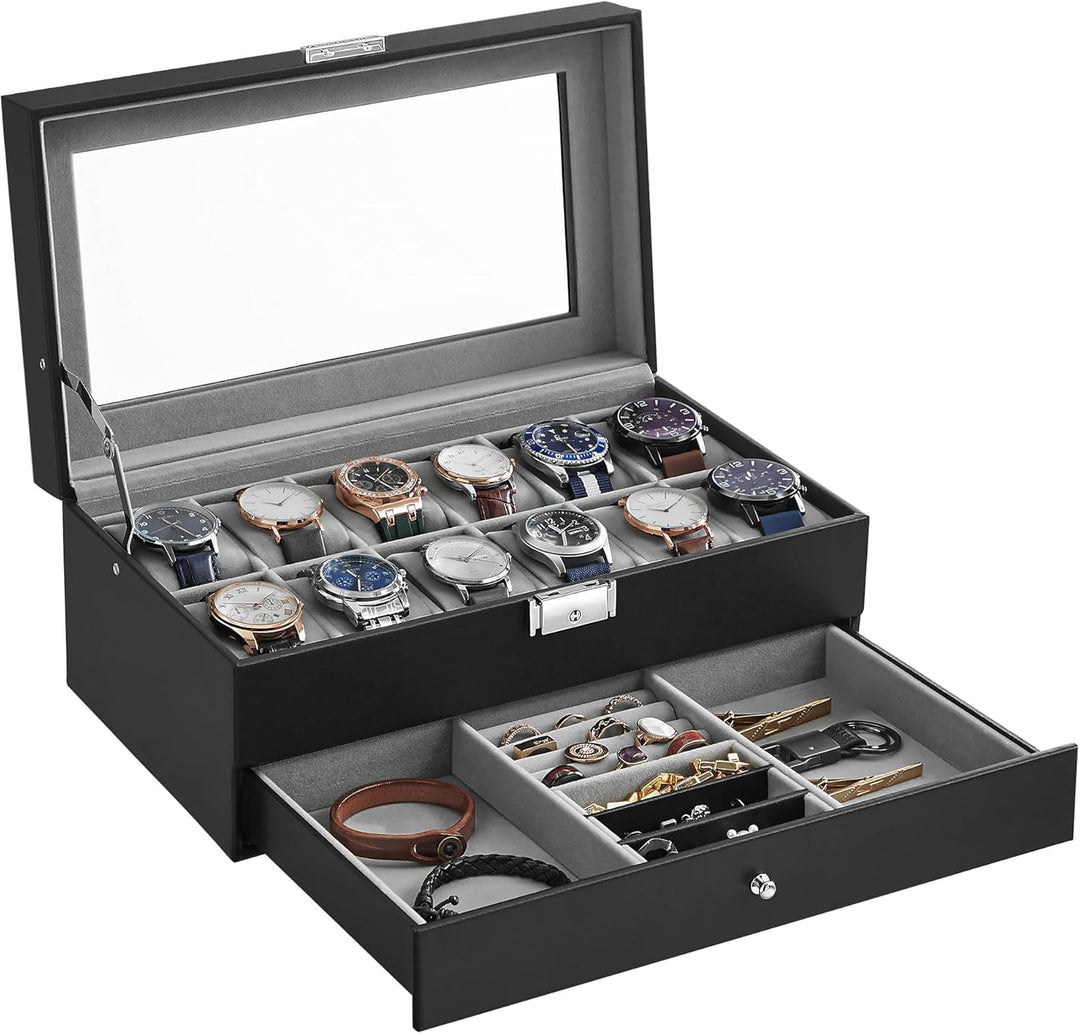 SONGMICS Uhrenbox, Uhrenkoffer, Glasdeckel, 2-stöckige Schatulle, 12 Uhren, abschliessbar, 1 Schubla