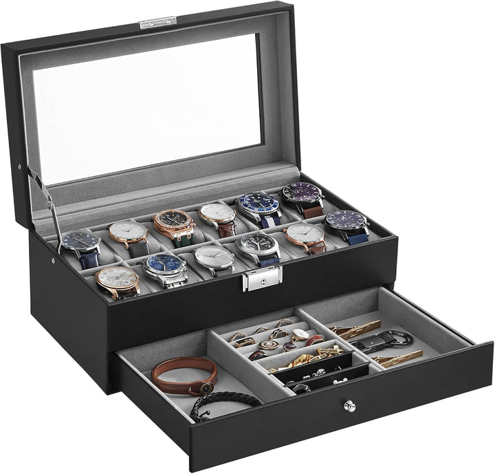 SONGMICS Uhrenbox, Uhrenkoffer, Glasdeckel, 2-stöckige Schatulle, 12 Uhren, abschliessbar, 1 Schubla