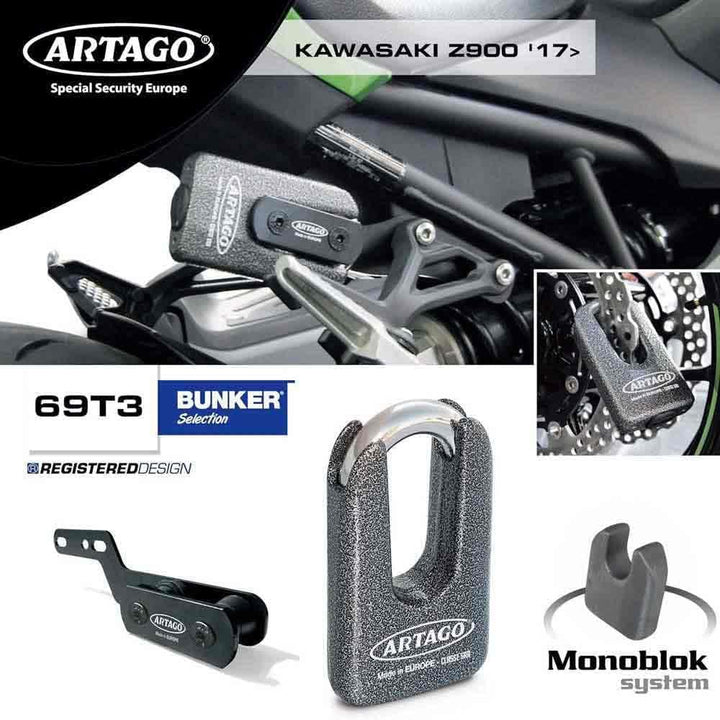 Artago 69T3 Pack Bremsscheibenschloss Diebstahlsicherung Hohe Sicherheit + Halterung für Kawasaki Z9