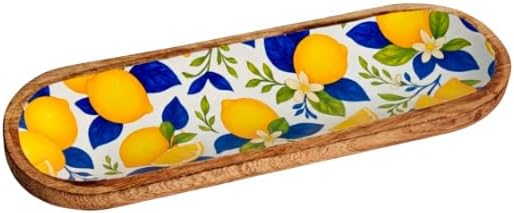 Serviertablett 29,5 cm Zitronen - Rechteckiges Tablett Holz & Harz - Zitrusdekor Gelb & Blau - 29,5