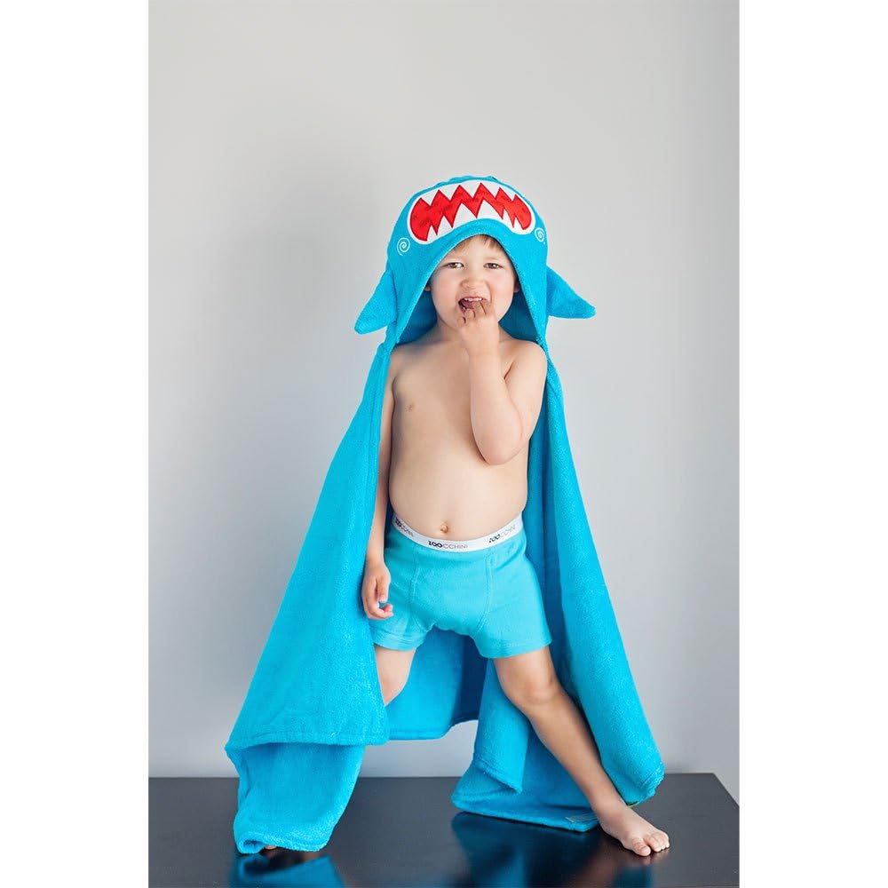 Zoocchini 100 Percent Cotton Kids Hooded Towel, Sherman the Shark Blau, Blau