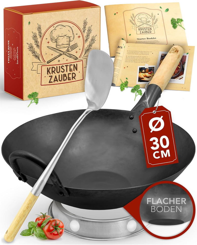 KRUSTENZAUBER 30cm Wokpfanne Induktion voreingebrannt - Traditionelle Stahlwokpfanne mit Wokwender u