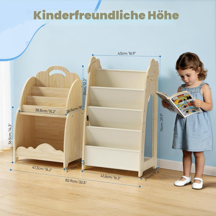 3-in-1 Kinderregal, Holz Kinder Bücherregal mit Spielzeugregal &amp; Hängetasche &amp; Offenem Fach, Tragbar