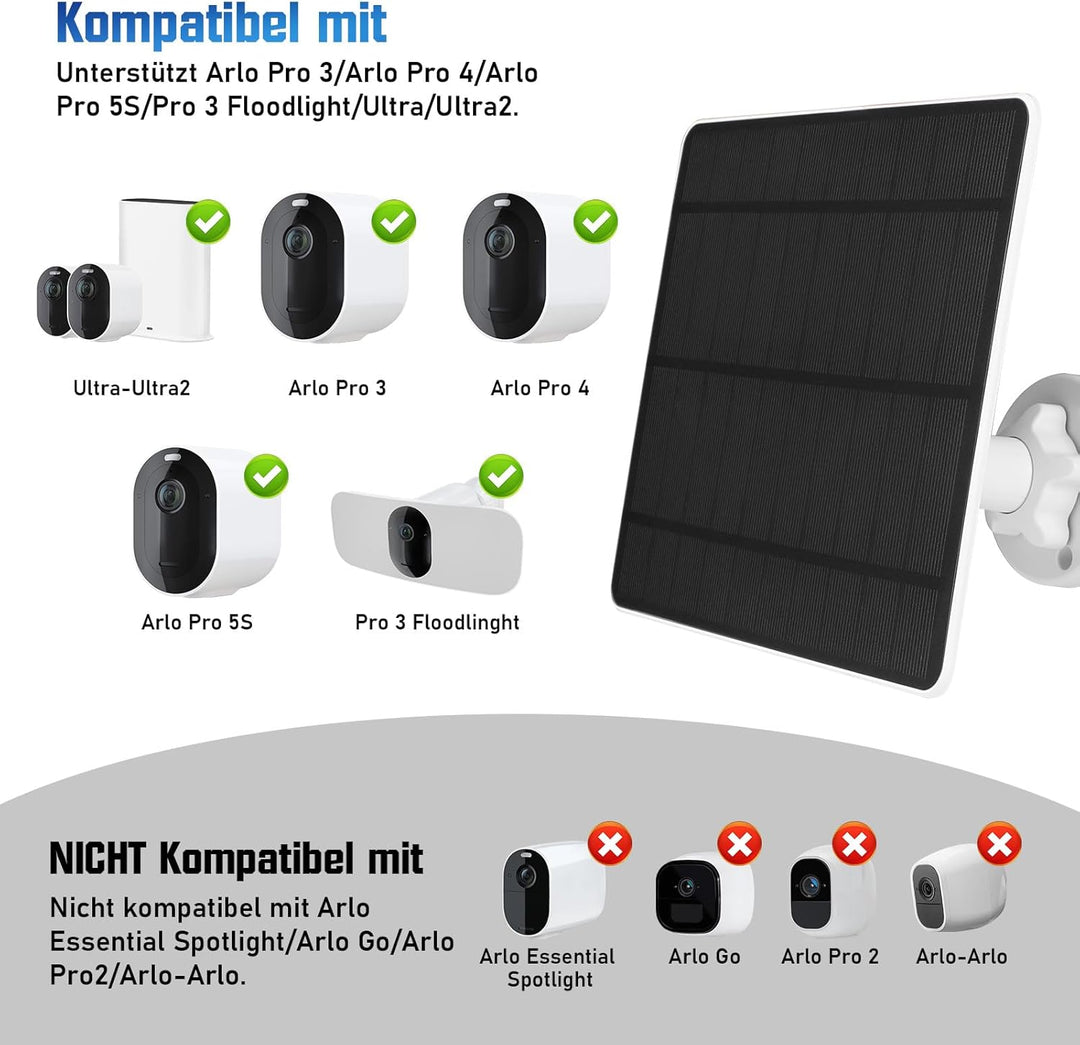 Solarpanel für Arlo Pro 3/Arlo Pro 4/Arlo Pro 5S/Pro 3 Floodlight/Ultra/Ultra2, 5W Solarpanel für Üb