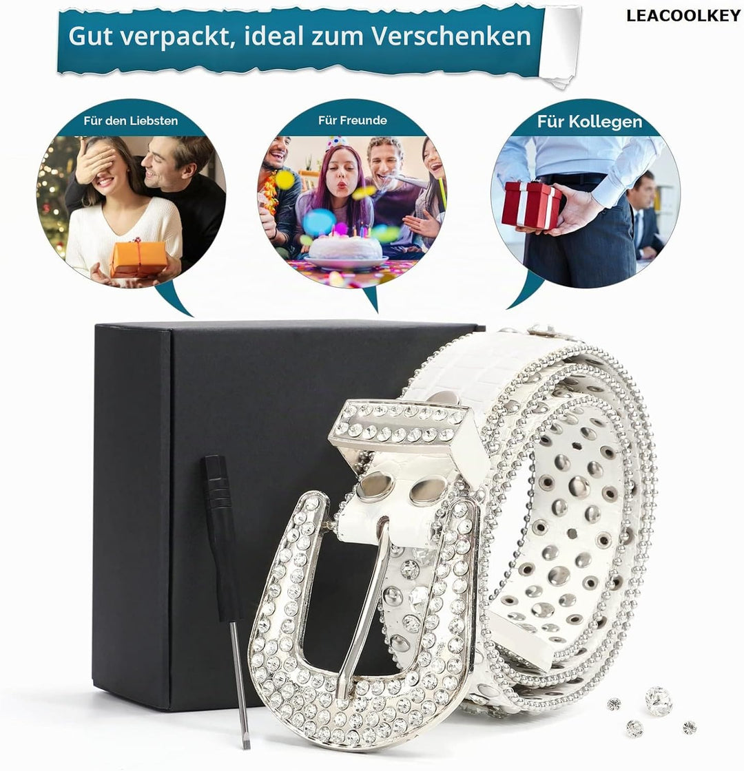 LEACOOLKEY Damen Männer Mode Strass Gürtel, Western Cowgirl Nieten Punk PU Ledergürtel für Jeans XL