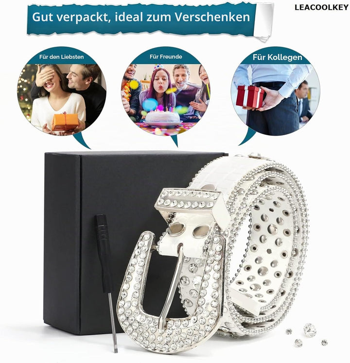 LEACOOLKEY Damen Männer Mode Strass Gürtel, Western Cowgirl Nieten Punk PU Ledergürtel für Jeans XL