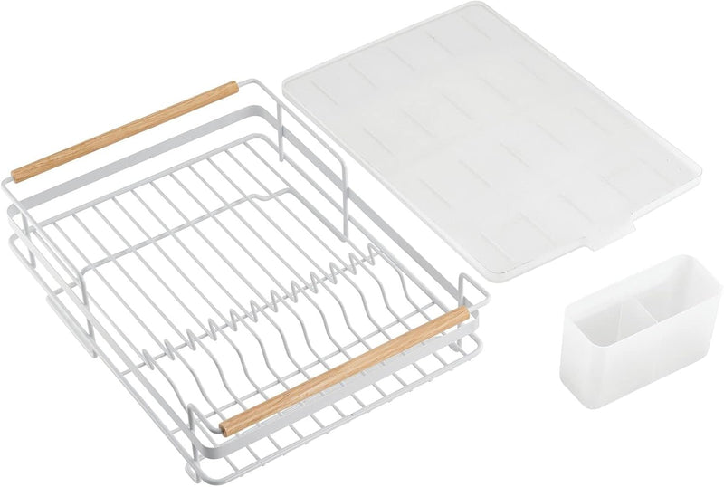 mDesign Abtropfgestell aus Metall mit Holzgriffen – Geschirrabtropfgitter mit Besteckfach und Auffan
