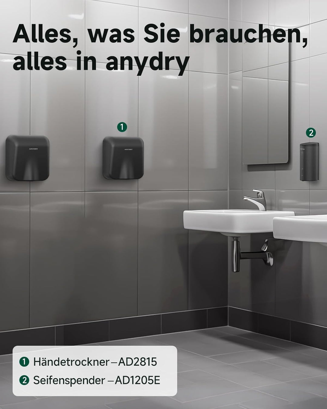 anydry IronStorm 2815 Gewerblicher Händetrockner mit HEPA-Filter - 1600W berührungsloser Sensor, 7-1
