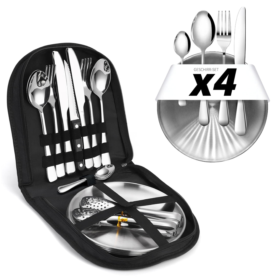 [23-teilig für 4 Personen] Camping Besteckset. Edelstahl-Gabeln, Messer und Löffel. Inklusive tragba