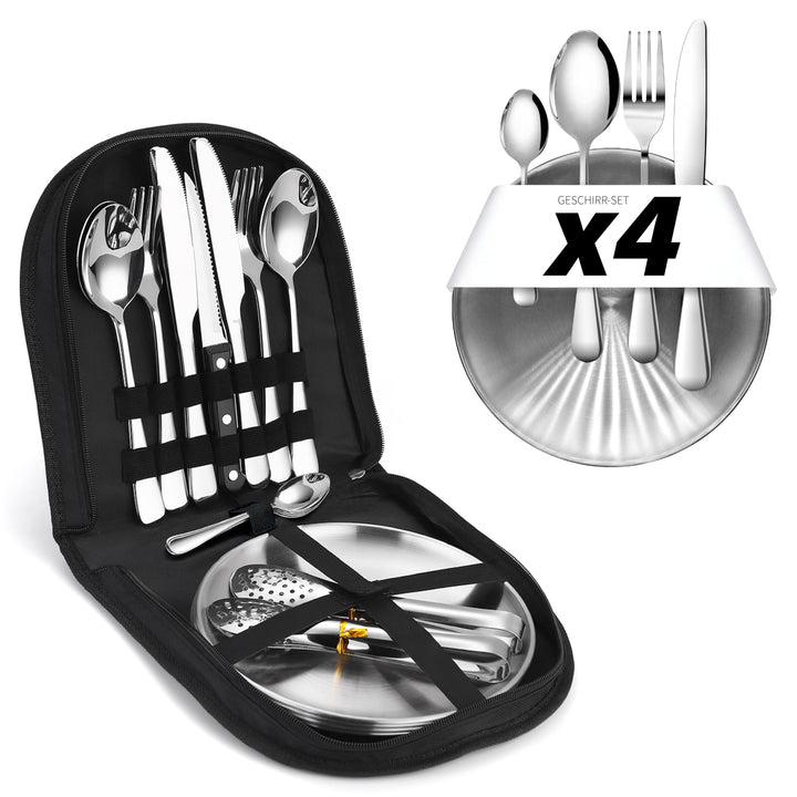[23-teilig für 4 Personen] Camping Besteckset. Edelstahl-Gabeln, Messer und Löffel. Inklusive tragba