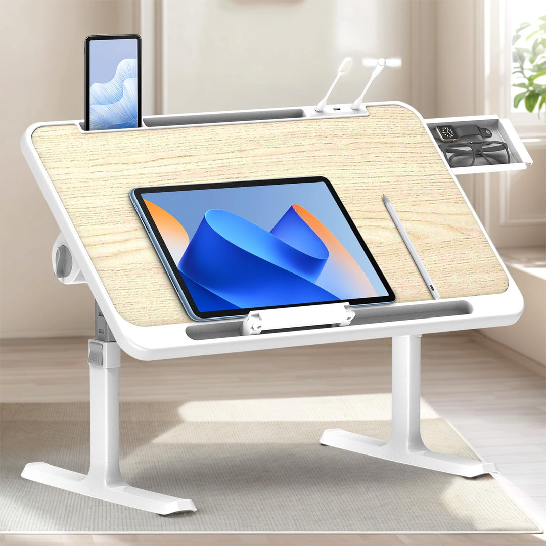 WoRaum Klappbarer Laptoptisch mit Schublade, LED & Ventilator – Höhenverstellbarer Schreibtisch für