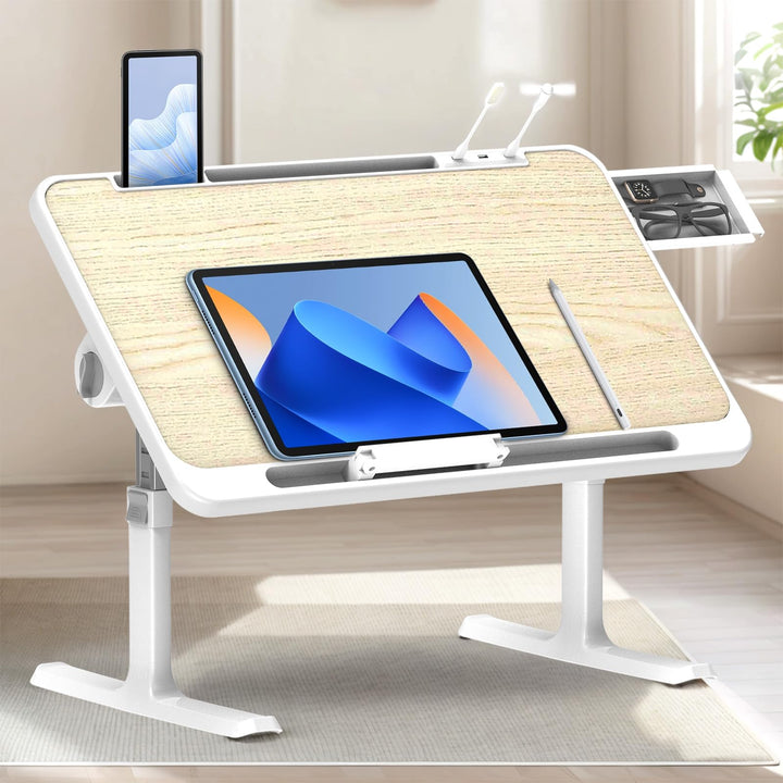 WoRaum Klappbarer Laptoptisch mit Schublade, LED & Ventilator – Höhenverstellbarer Schreibtisch für