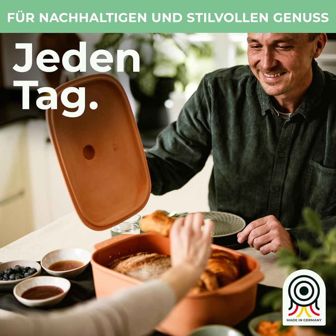 myromy® Brot-Frische-Topf – moderner Brottopf & Brotkasten aus Keramik Natur-Ton - atmungsaktiv & ge