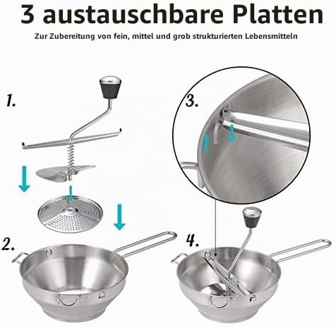 Edelstahl Passiergerät, Manuelle Passiermühle mit 3 Siebeinlagen Rotationsmühle Lebensmittelmühle Ma