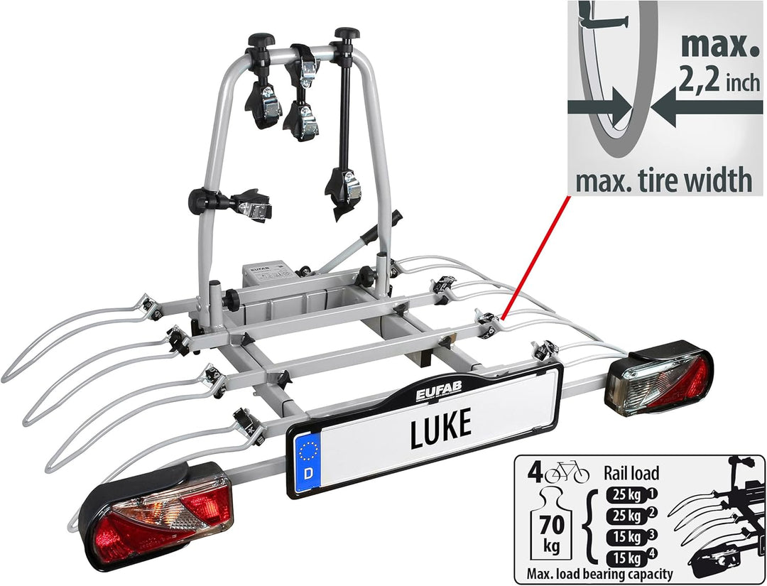 EUFAB 11514 Fahrradträger LUKE, E-Bike geeignet, Diebstahlschutz, für 4 Fahrräder, für Anhängerkuppl