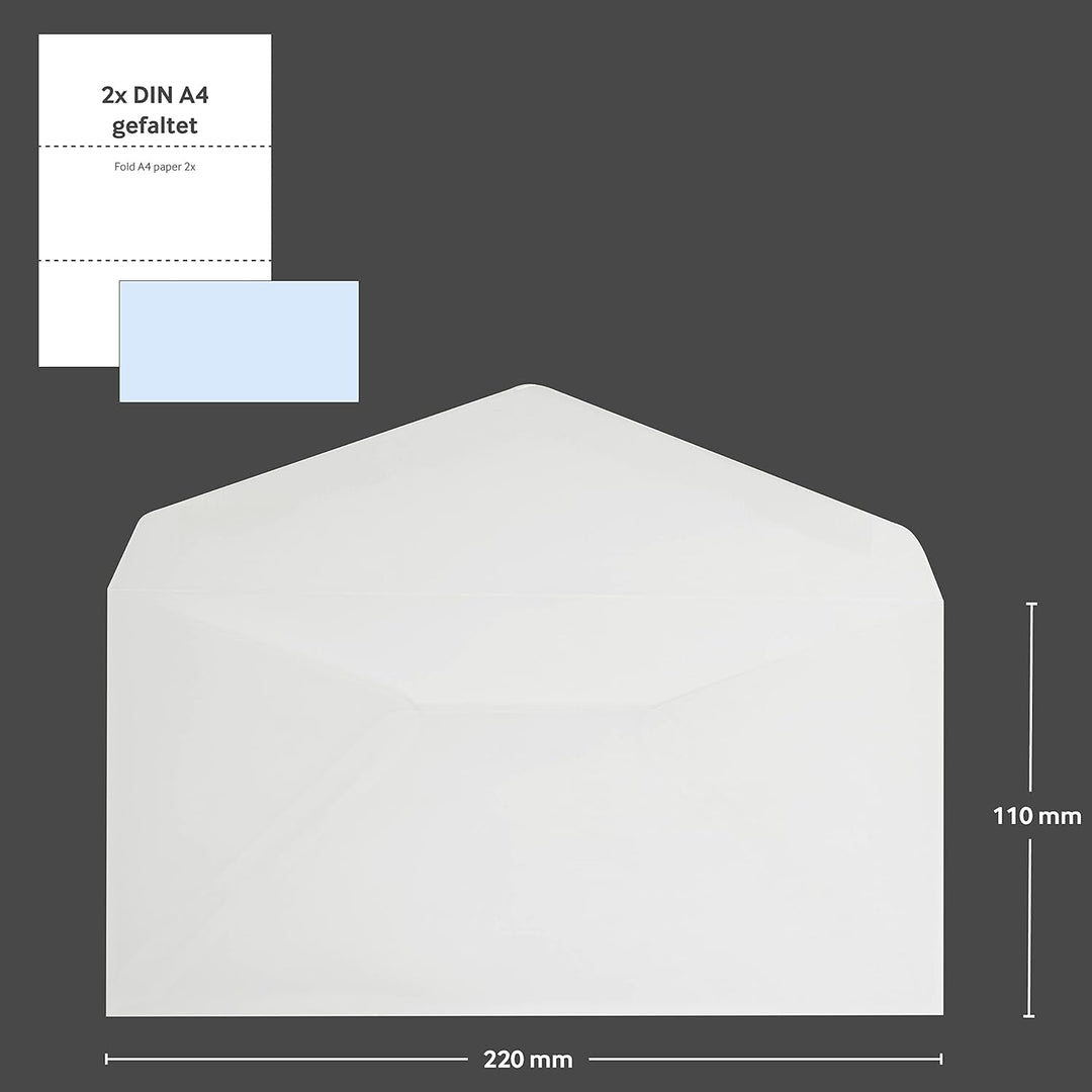 Blanke Briefhüllen, Transparente Briefumschläge, 100 Stück, Nassklebung, Ohne Fenster, Spitze Klappe