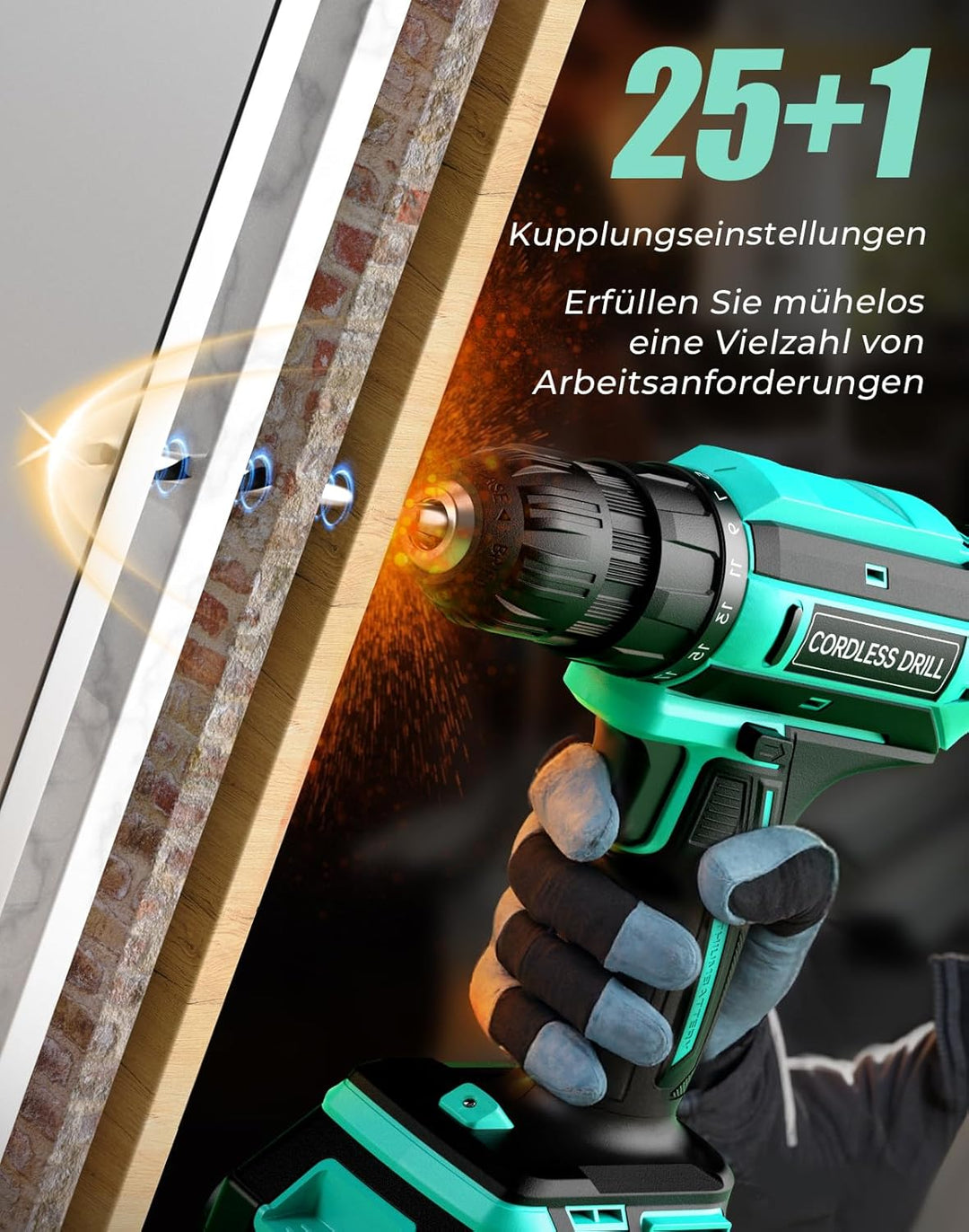 Akkuschrauber, 20V Akku Bohrschrauber, 25+1 Drehmomentstufen Akkubohrer, 42Nm Max Drehmoment, LED-Li
