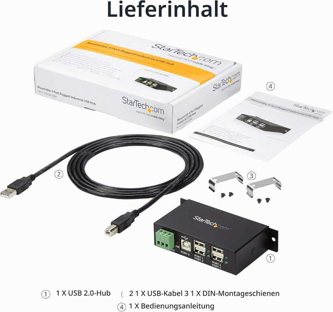 StarTech.com 4 Port USB 2.0 Hub - Industrieller USB-A Hub aus Metall - Hutschienen/Wand/Tischmontage